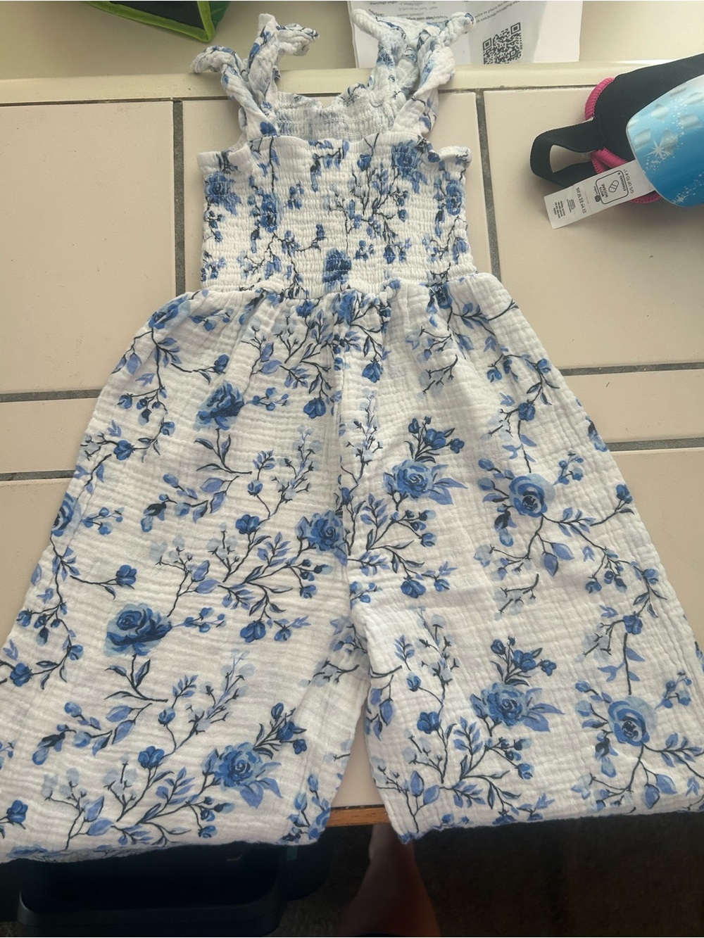 btween White & Blue Floral Smocked One-Piece